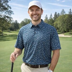 PGA Tour Pro Series Golf Polo Shirt Size Large Athletic Fit Blue/White Floral